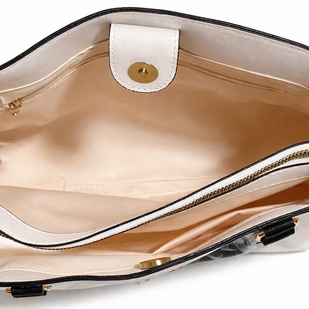 Loulu White Saffiano Faux Leather Top Handle Purse with Black Handles Gold Logo - Picture 7 of 11